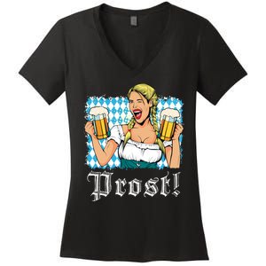 Oktoberfest Beer German Girl Bavarian Flag Drinking Prost Women's V-Neck T-Shirt