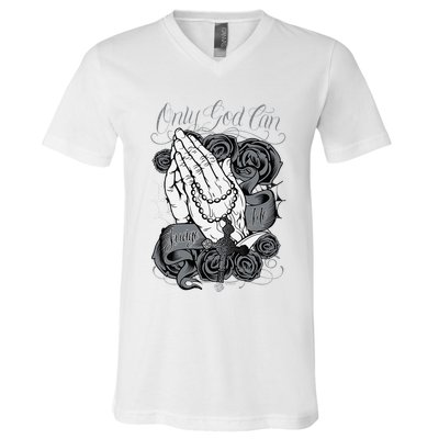 Only God Can Judge Me Chicano Graphic Art V-Neck T-Shirt
