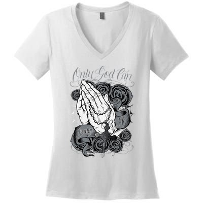 Only God Can Judge Me Chicano Low Rider Graphic Art Women's V-Neck T-Shirt