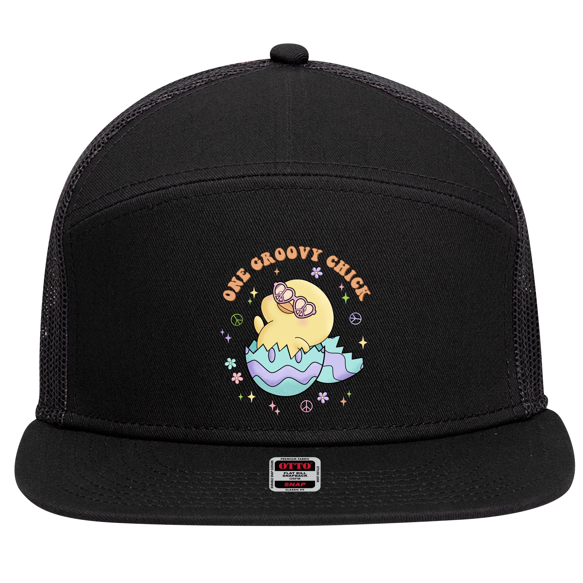 One Groovy Chick Funny Cute Baby Chicken 7 Panel Mesh Trucker Snapback Hat