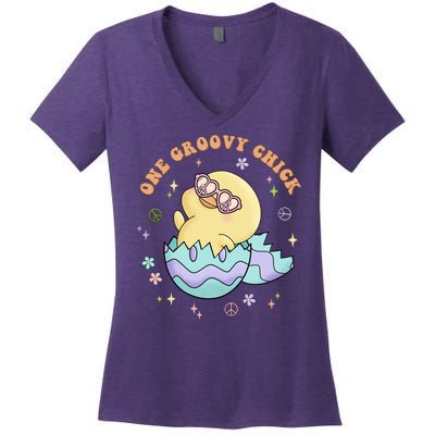 One Groovy Chick Funny Cute Baby Chicken Women's V-Neck T-Shirt