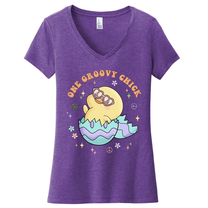 One Groovy Chick Funny Cute Baby Chicken Women's V-Neck T-Shirt