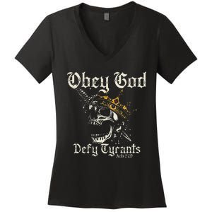 Obey God Defy Tyrants Skull Women's V-Neck T-Shirt