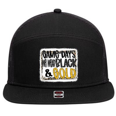 On Game Day Football We Wear Black And Gold School Spirit 7 Panel Mesh Trucker Snapback Hat