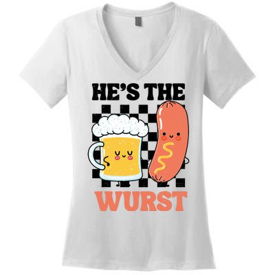 Oktoberfest German Drinking HeS The Wurst Couple Matching Women's V-Neck T-Shirt