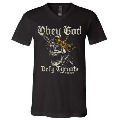 Obey God Defy Tyrants Skull V-Neck T-Shirt