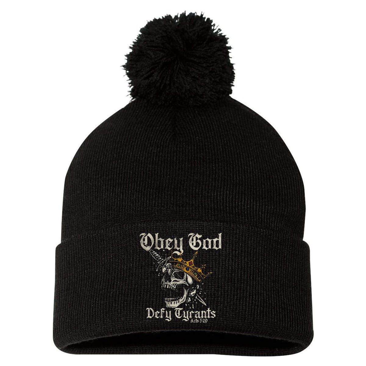 Obey God Defy Tyrants Skull Pom Pom 12in Knit Beanie