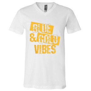 On Game Day Football We Wear Blue And Vibes Gold School Spirit V-Neck T-Shirt