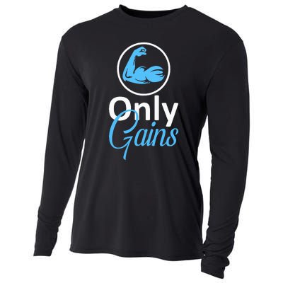 Only Gains Funny Gym Fitness Workout Bodybuilding Lifting Cooling Performance Long Sleeve Crew