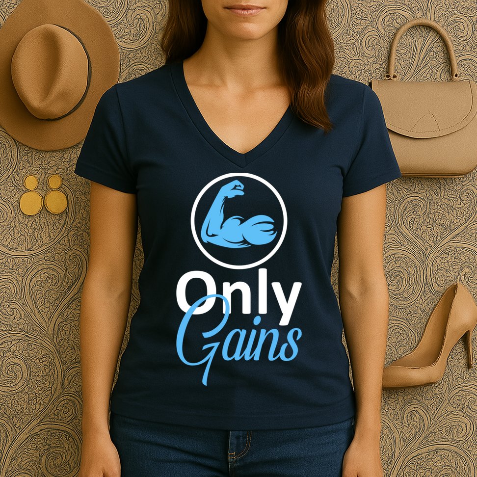 Only Gains Funny Gym Fitness Workout Parody Women's V-Neck T-Shirt