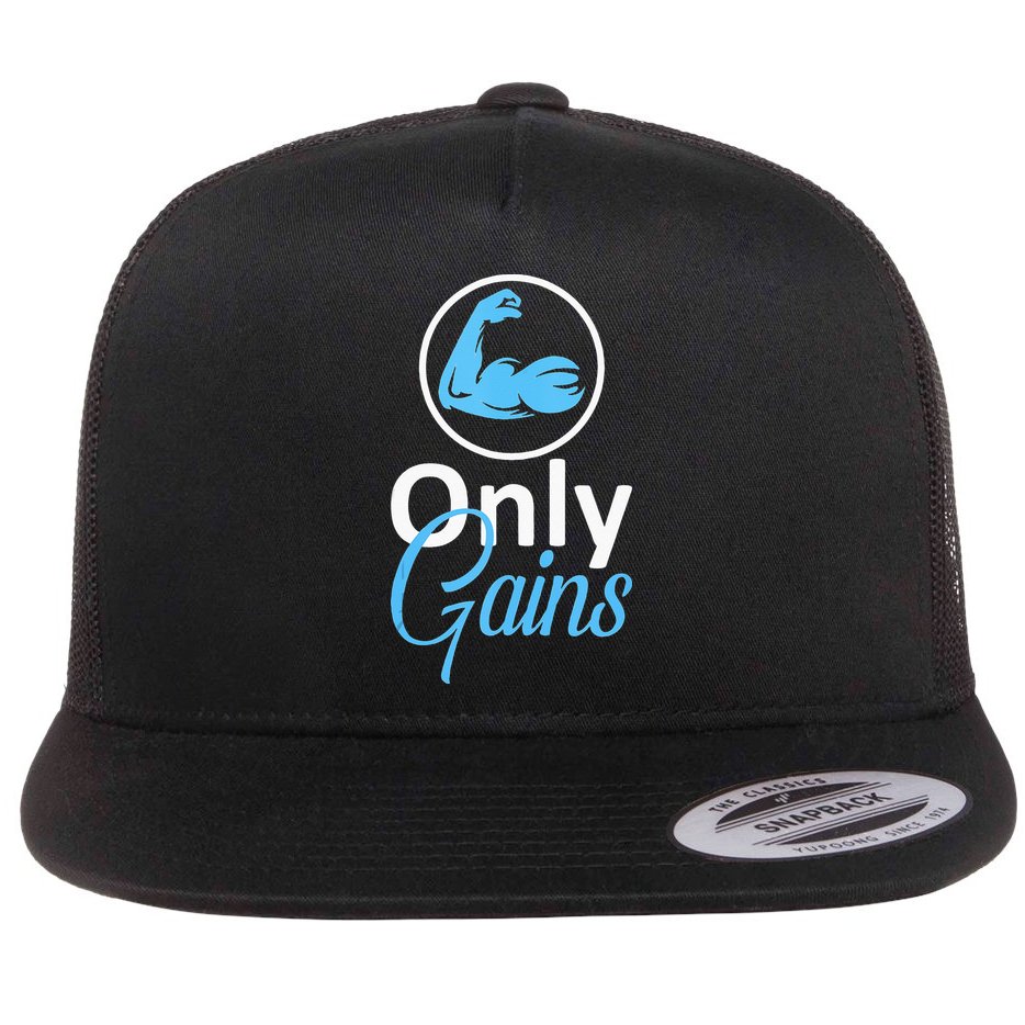 Only Gains Funny Gym Fitness Workout Parody Flat Bill Trucker Hat