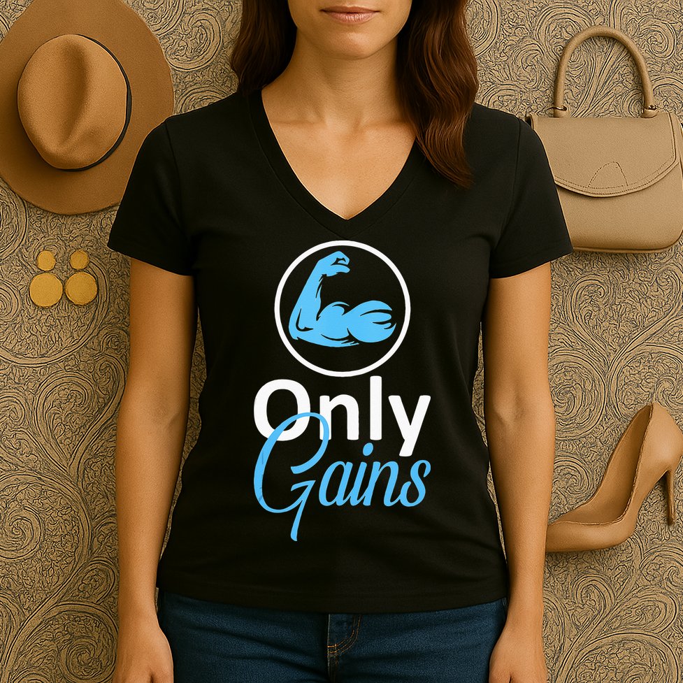 Only Gains Funny Gym Fitness Workout Parody Women's V-Neck T-Shirt