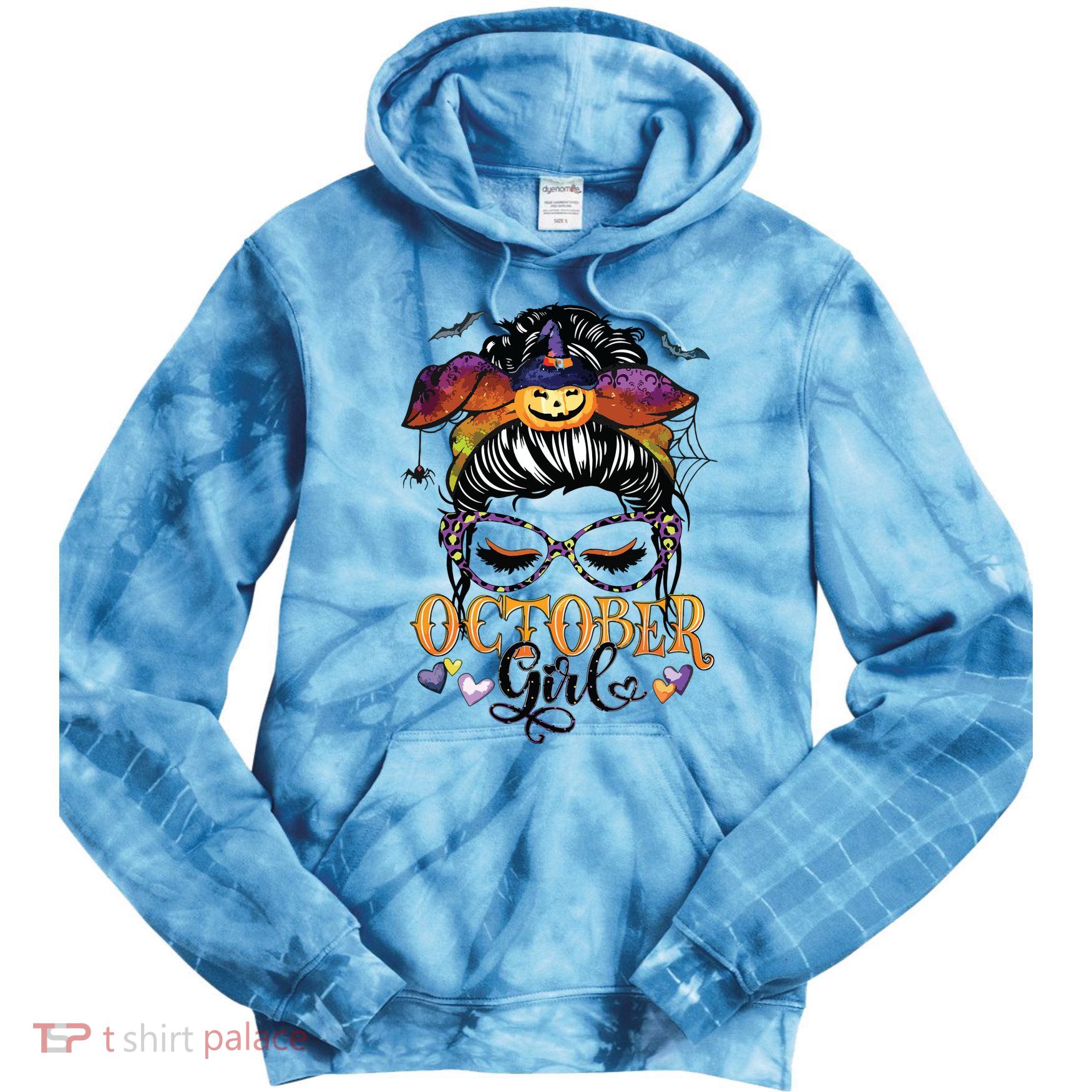 October Girl Halloween Messy Bun Lady Hair Glasses Leopard Tie Dye Hoodie