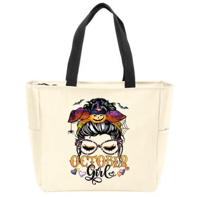 October Girl Halloween Messy Bun Lady Hair Glasses Leopard Zip Tote Bag