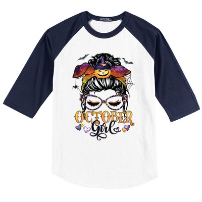 October Girl Halloween Messy Bun Lady Hair Glasses Leopard Baseball Sleeve Shirt