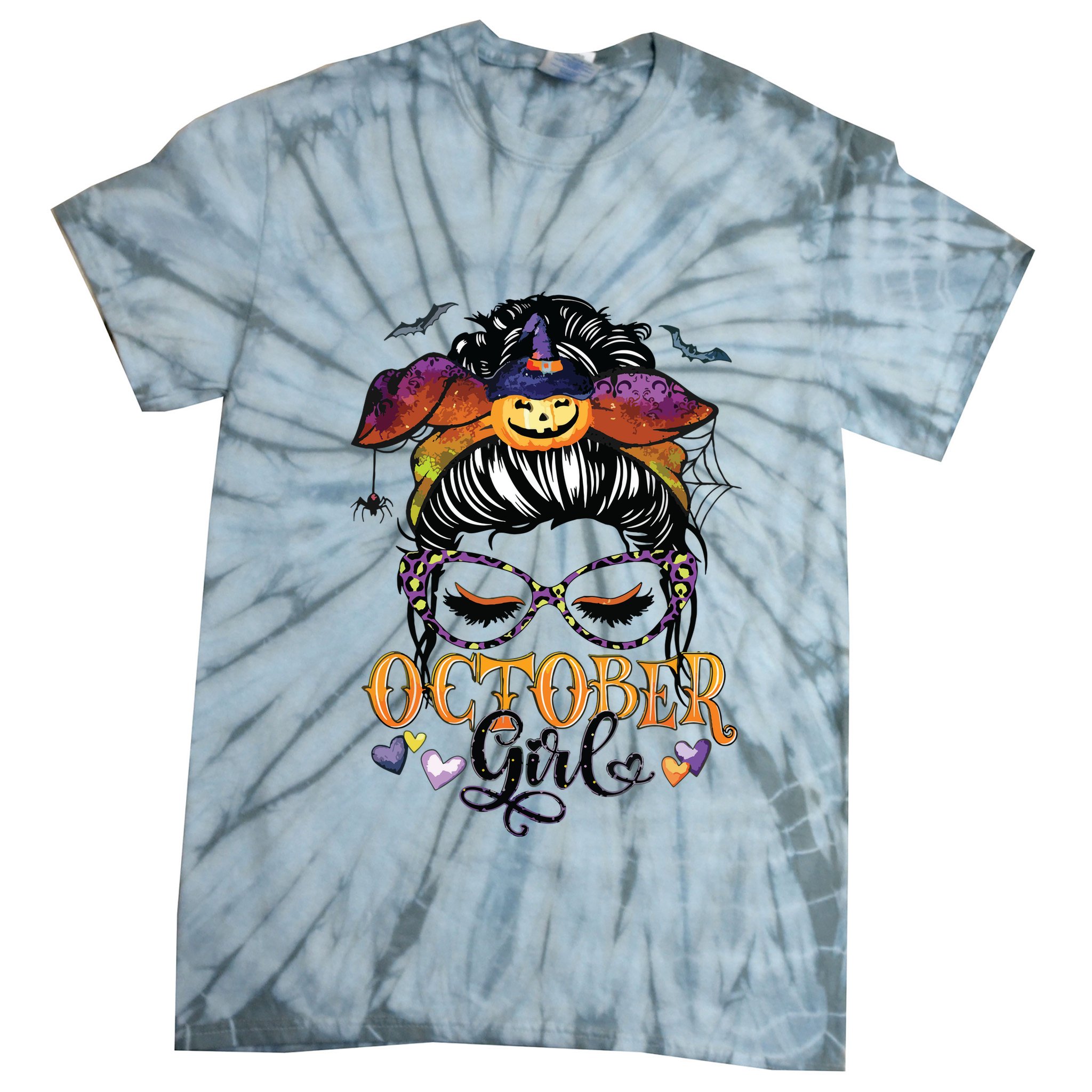 October Girl Halloween Messy Bun Lady Hair Glasses Leopard Tie-Dye T-Shirt