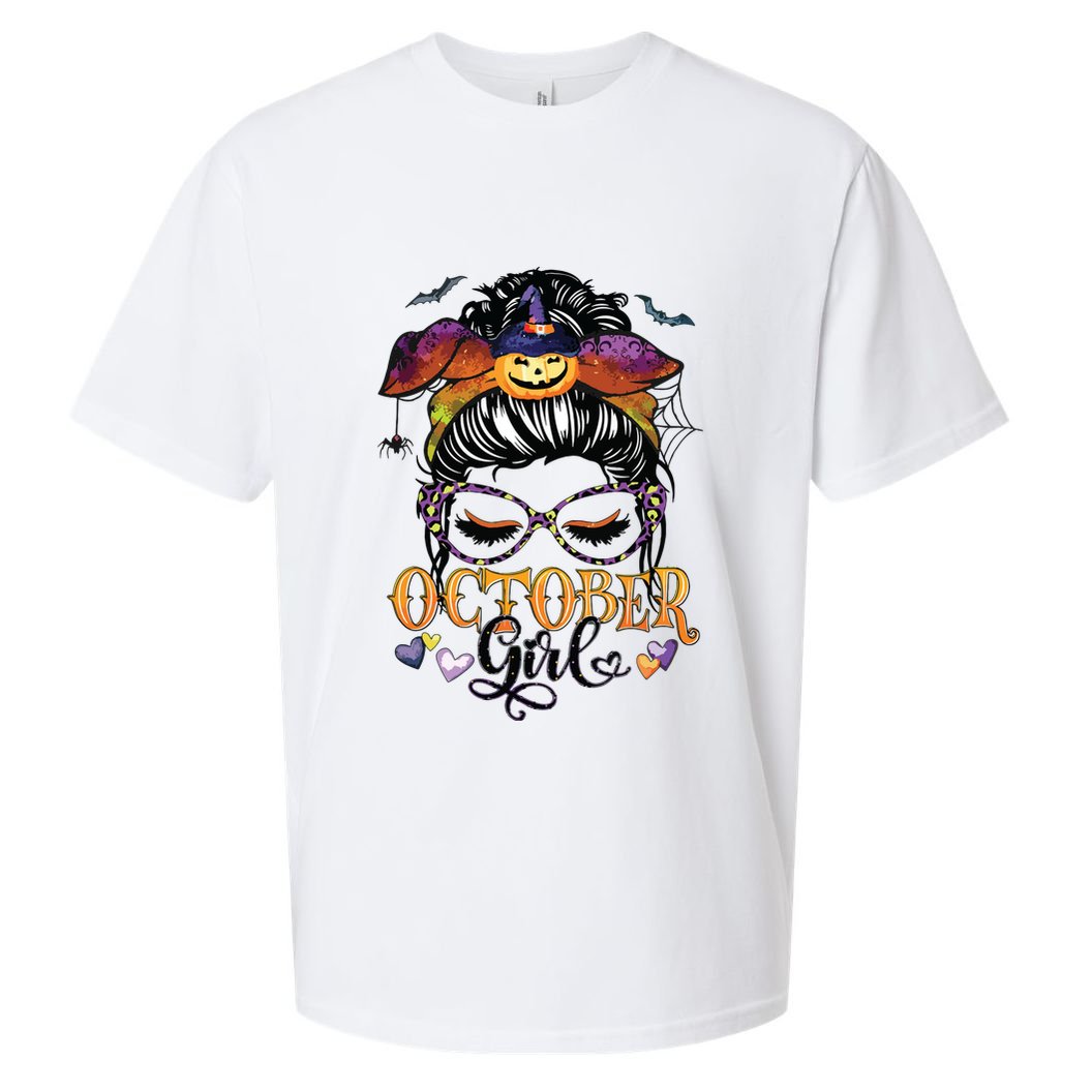 October Girl Halloween Messy Bun Lady Hair Glasses Leopard Sueded Cloud Jersey T-Shirt