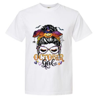 October Girl Halloween Messy Bun Lady Hair Glasses Leopard Garment-Dyed Heavyweight T-Shirt