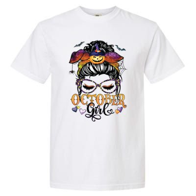 October Girl Halloween Messy Bun Lady Hair Glasses Leopard Garment-Dyed Heavyweight T-Shirt