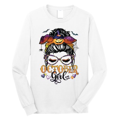 October Girl Halloween Messy Bun Lady Hair Glasses Leopard Long Sleeve Shirt