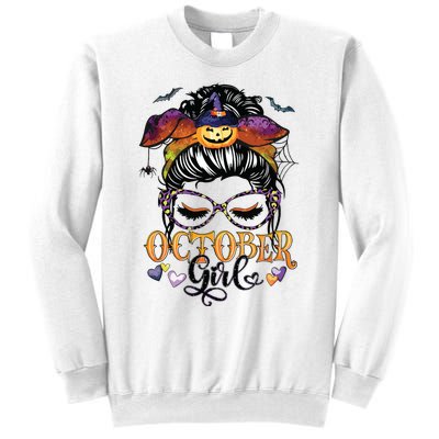 October Girl Halloween Messy Bun Lady Hair Glasses Leopard Sweatshirt