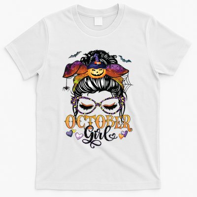 October Girl Halloween Messy Bun Lady Hair Glasses Leopard T-Shirt