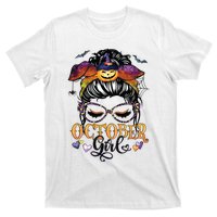 October Girl Halloween Messy Bun Lady Hair Glasses Leopard T-Shirt