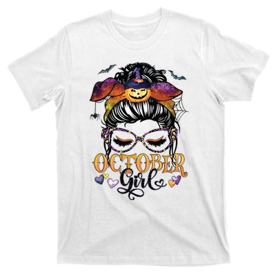 October Girl Halloween Messy Bun Lady Hair Glasses Leopard T-Shirt