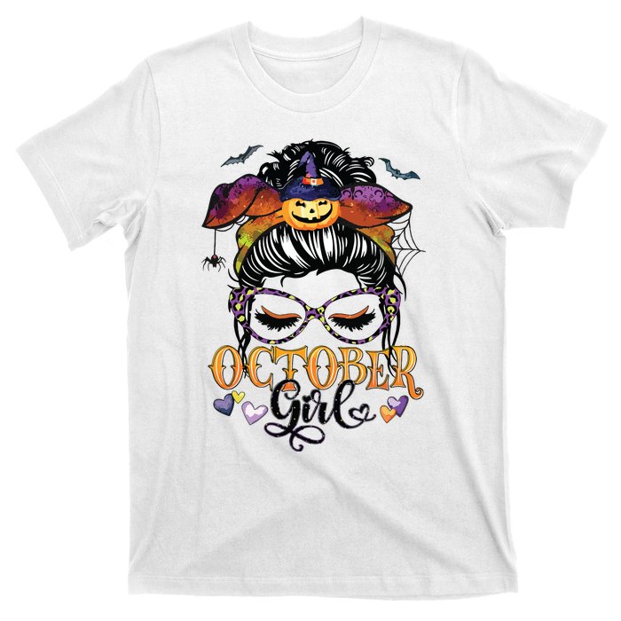 October Girl Halloween Messy Bun Lady Hair Glasses Leopard T-Shirt