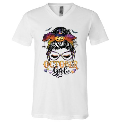 October Girl Halloween Messy Bun Lady Hair Glasses Leopard V-Neck T-Shirt