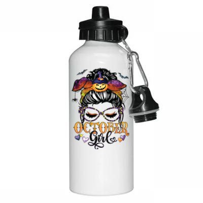 October Girl Halloween Messy Bun Lady Hair Glasses Leopard Aluminum Water Bottle 