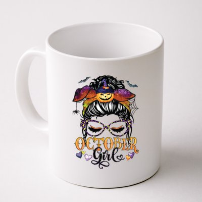 October Girl Halloween Messy Bun Lady Hair Glasses Leopard Coffee Mug