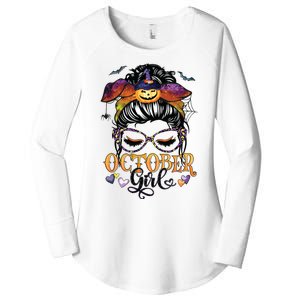 October Girl Halloween Messy Bun Lady Hair Glasses Leopard Women's Perfect Tri Tunic Long Sleeve Shirt