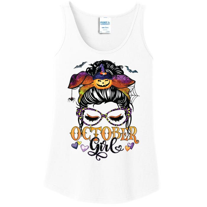 October Girl Halloween Messy Bun Lady Hair Glasses Leopard Ladies Essential Tank