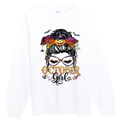 October Girl Halloween Messy Bun Lady Hair Glasses Leopard Premium Crewneck Sweatshirt