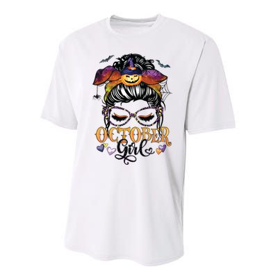 October Girl Halloween Messy Bun Lady Hair Glasses Leopard Performance Sprint T-Shirt