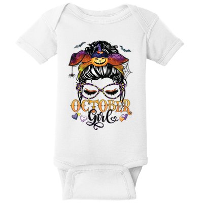 October Girl Halloween Messy Bun Lady Hair Glasses Leopard Baby Bodysuit
