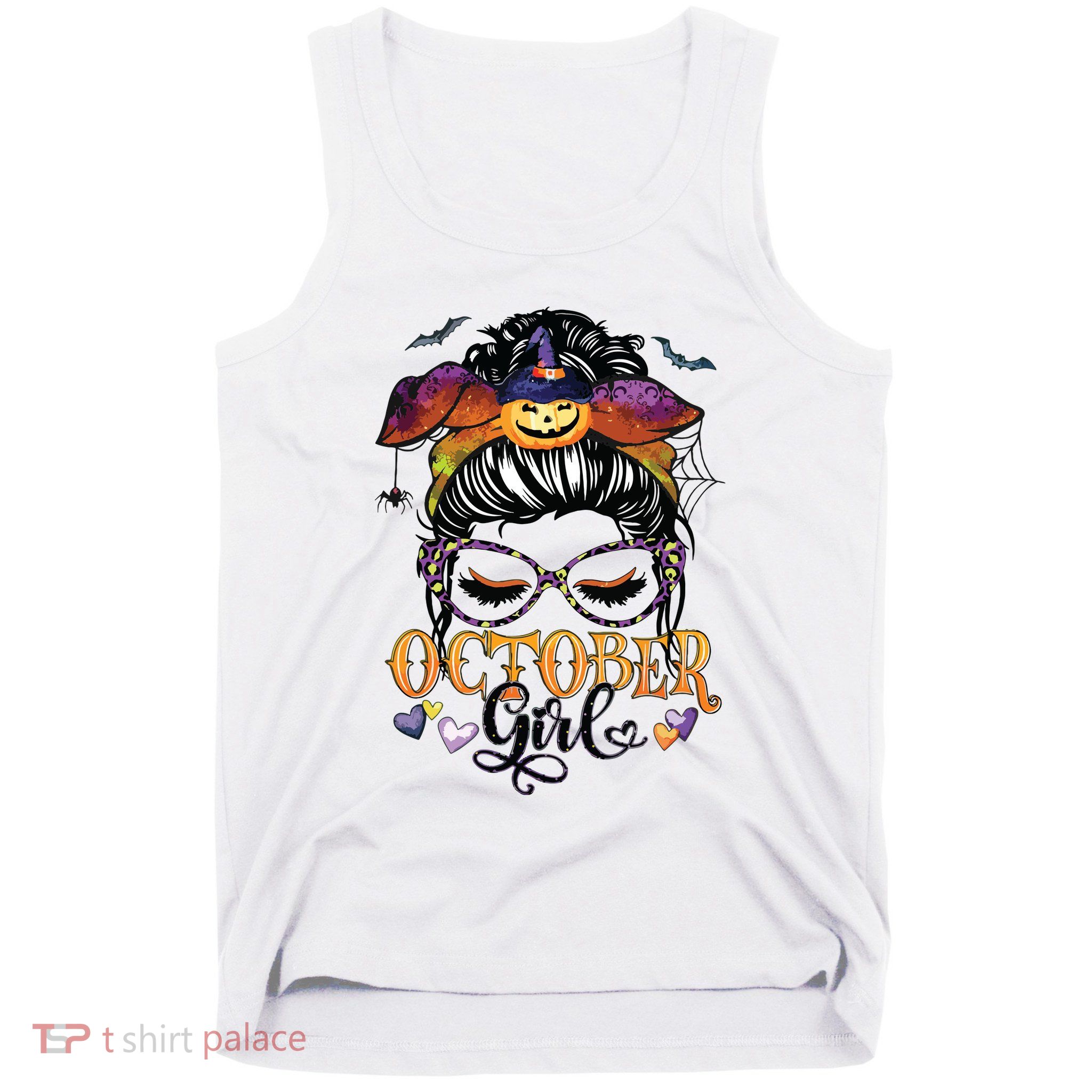October Girl Halloween Messy Bun Lady Hair Glasses Leopard Tank Top