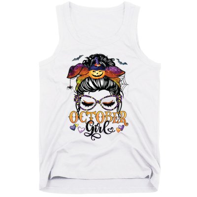 October Girl Halloween Messy Bun Lady Hair Glasses Leopard Tank Top