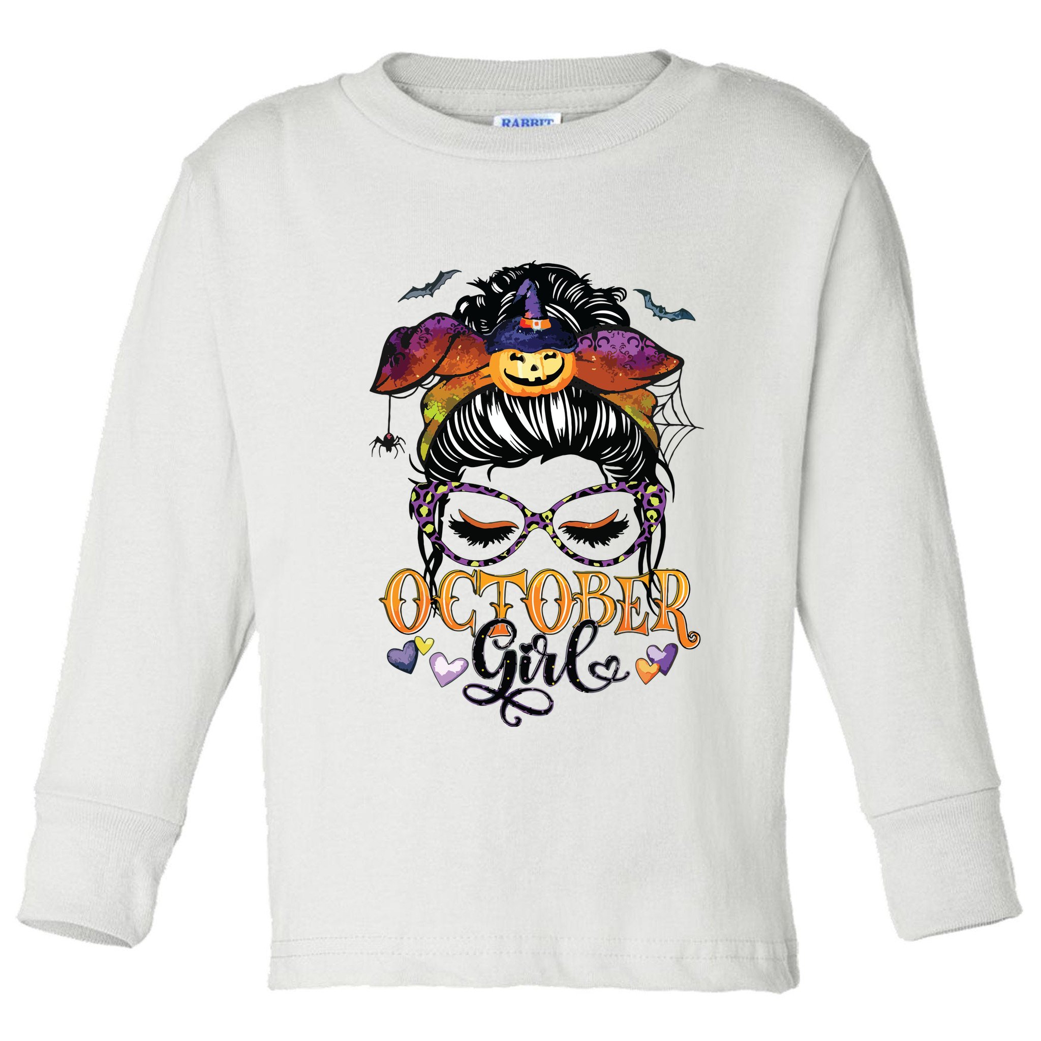 October Girl Halloween Messy Bun Lady Hair Glasses Leopard Toddler Long Sleeve Shirt