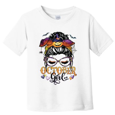 October Girl Halloween Messy Bun Lady Hair Glasses Leopard Toddler T-Shirt