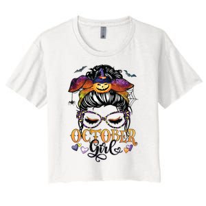 October Girl Halloween Messy Bun Lady Hair Glasses Leopard Women's Crop Top Tee