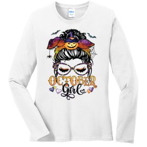 October Girl Halloween Messy Bun Lady Hair Glasses Leopard Ladies Long Sleeve Shirt