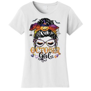 October Girl Halloween Messy Bun Lady Hair Glasses Leopard Women's T-Shirt