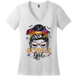 October Girl Halloween Messy Bun Lady Hair Glasses Leopard Women's V-Neck T-Shirt