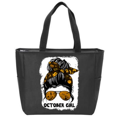 October Girl Messy Bun Lady Hair Horror Sunglasses Halloween Zip Tote Bag