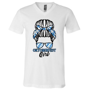 Oktoberfest Girl Messy Bun Bavaria German Costume V-Neck T-Shirt