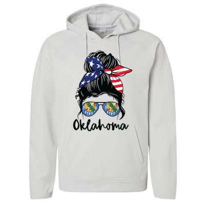 Oklahoma Girl Oklahoma Flag State Girlfriend Messy Bun Performance Fleece Hoodie