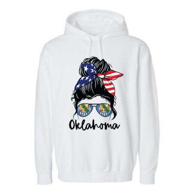 Oklahoma Girl Oklahoma Flag State Girlfriend Messy Bun Garment-Dyed Fleece Hoodie