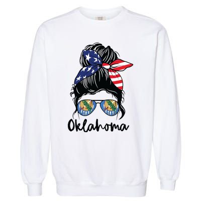 Oklahoma Girl Oklahoma Flag State Girlfriend Messy Bun Garment-Dyed Sweatshirt